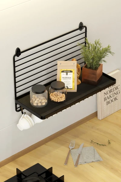 Metal Duvar Rafı Büyük Boy Modern Mutfak Rafı Baharatlık 6 Kancalı Fincan Askısı ve Duvar Organizeri