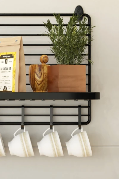 Metal Duvar Rafı Büyük Boy Modern Mutfak Rafı Baharatlık 6 Kancalı Fincan Askısı ve Duvar Organizeri