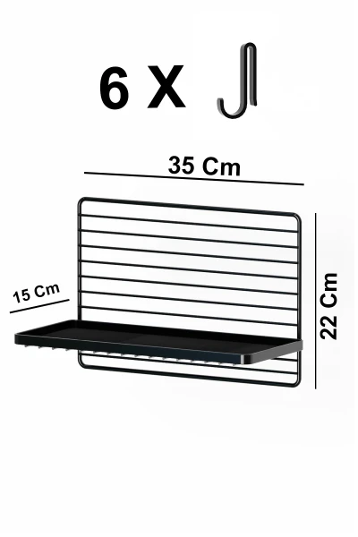Metal Duvar Rafı Büyük Boy Modern Mutfak Rafı Baharatlık 6 Kancalı Fincan Askısı ve Duvar Organizeri
