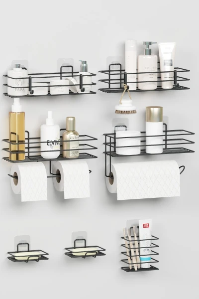 7 Parça Yapışkanlı Full Banyo Seti Duş Rafı Havluluk Tuvalet Kağıtlık Sabunluk Diş Fırçalık