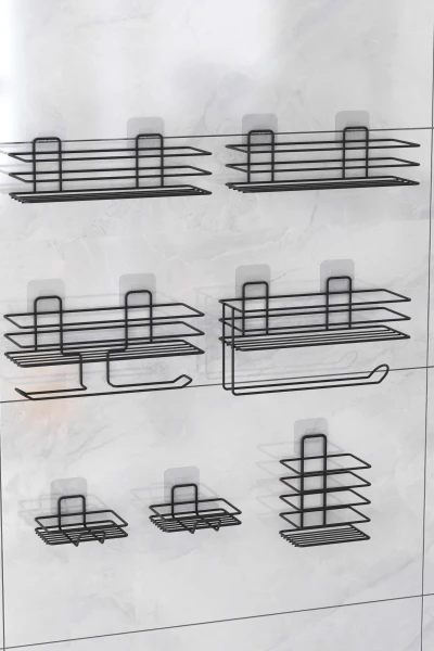 7 Parça Yapışkanlı Full Banyo Seti Duş Rafı Havluluk Tuvalet Kağıtlık Sabunluk Diş Fırçalık