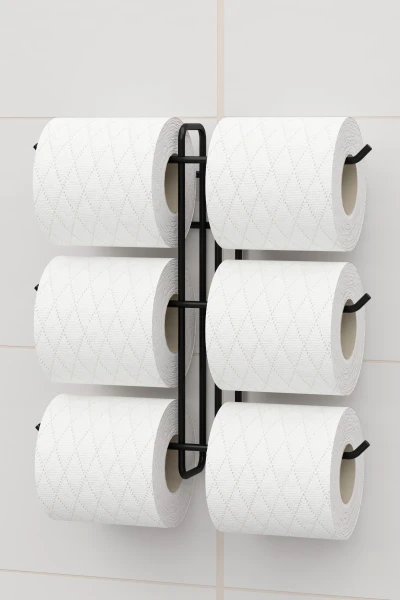 Yapışkanlı 6 lı Tuvalet Kağıtlığı Tutacağı Askısı Mat Siyah Metal Tuvalet Kağıtlık Organizeri