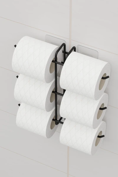 Yapışkanlı 6 lı Tuvalet Kağıtlığı Tutacağı Askısı Mat Siyah Metal Tuvalet Kağıtlık Organizeri