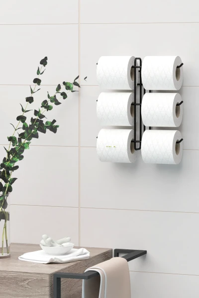 Yapışkanlı 6 lı Tuvalet Kağıtlığı Tutacağı Askısı Mat Siyah Metal Tuvalet Kağıtlık Organizeri