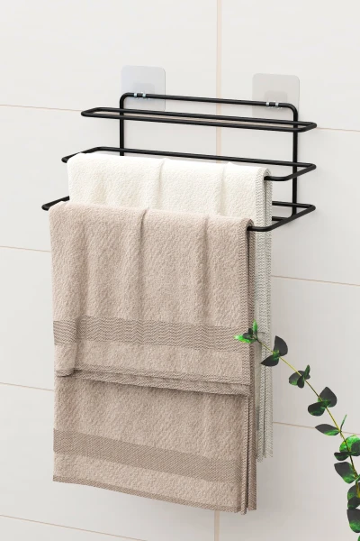 Yapışkanlı 3 Katlı Havlu Asıcı Raf Banyo Düzenleyici Metal Havlu Tutacağı Organizer Havluluk Rafı