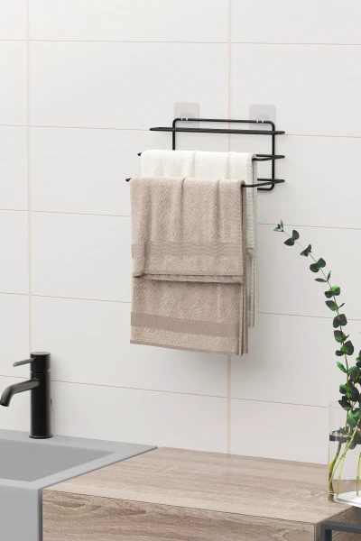 Yapışkanlı 3 Katlı Havlu Asıcı Raf Banyo Düzenleyici Metal Havlu Tutacağı Organizer Havluluk Rafı