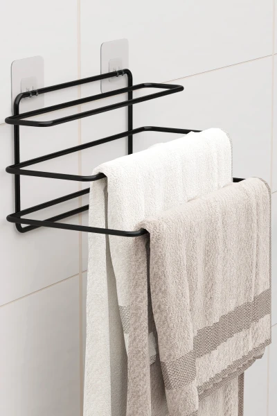 Yapışkanlı 3 Katlı Havlu Asıcı Raf Banyo Düzenleyici Metal Havlu Tutacağı Organizer Havluluk Rafı