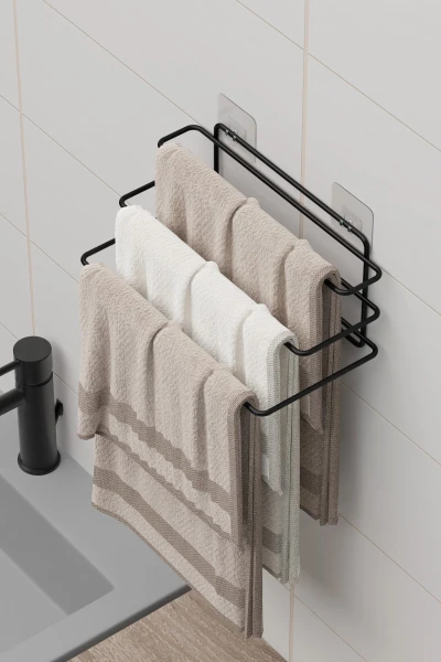 Yapışkanlı 3 Katlı Havlu Asıcı Raf Banyo Düzenleyici Metal Havlu Tutacağı Organizer Havluluk Rafı