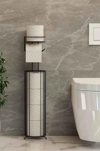 Yedekli Tuvalet Kağıdı Düzenleyici Ayaklı Siyah Metal Sepetli Wc Standı ve Askısı