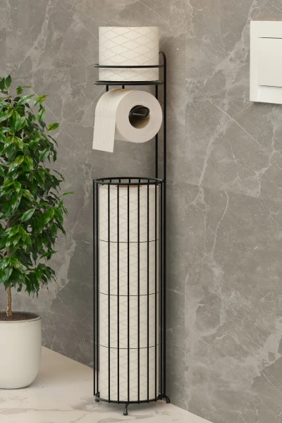 Yedekli Tuvalet Kağıdı Düzenleyici Ayaklı Siyah Metal Sepetli Wc Standı ve Askısı