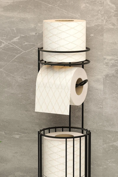 Yedekli Tuvalet Kağıdı Düzenleyici Ayaklı Siyah Metal Sepetli Wc Standı ve Askısı