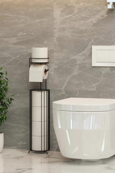 Yedekli Tuvalet Kağıdı Düzenleyici Ayaklı Siyah Metal Sepetli Wc Standı ve Askısı
