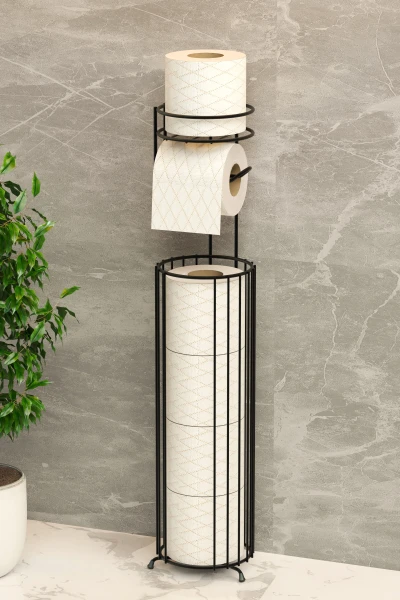 Yedekli Tuvalet Kağıdı Düzenleyici Ayaklı Siyah Metal Sepetli Wc Standı ve Askısı