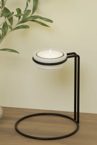 Tealight Şamdan Seramik Mumluk Masaüstü Mum Şamdanlık Siyah Metal Dekoratif Yuvarlak Standlı