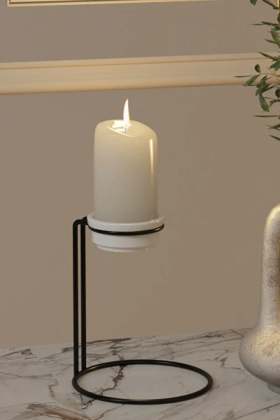 Tealight Şamdan Seramik Mumluk Masaüstü Mum Şamdanlık Siyah Metal Dekoratif Yuvarlak Standlı