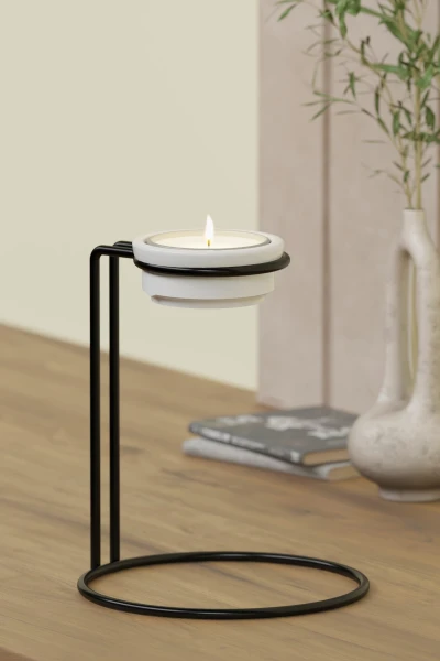 Tealight Şamdan Seramik Mumluk Masaüstü Mum Şamdanlık Siyah Metal Dekoratif Yuvarlak Standlı