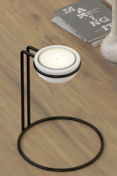 Tealight Şamdan Seramik Mumluk Masaüstü Mum Şamdanlık Siyah Metal Dekoratif Yuvarlak Standlı