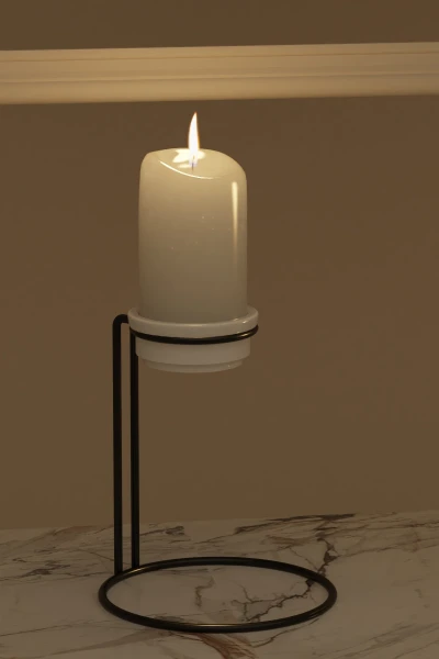 Tealight Şamdan Seramik Mumluk Masaüstü Mum Şamdanlık Siyah Metal Dekoratif Yuvarlak Standlı