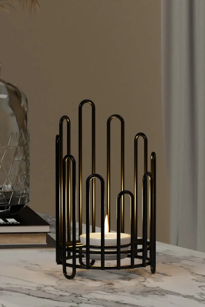 Tealight Seramik Mumluk Şamdanlık Mum Şamdan Metal Siyah Dekoratif Masaüstü Oval Kafes Tasarım