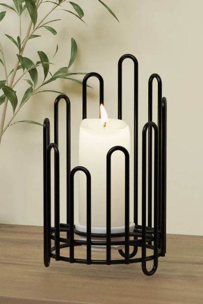 Tealight Seramik Mumluk Şamdanlık Mum Şamdan Metal Siyah Dekoratif Masaüstü Oval Kafes Tasarım