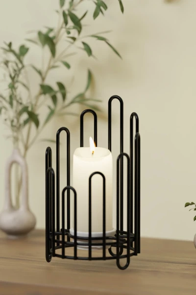 Tealight Seramik Mumluk Şamdanlık Mum Şamdan Metal Siyah Dekoratif Masaüstü Oval Kafes Tasarım