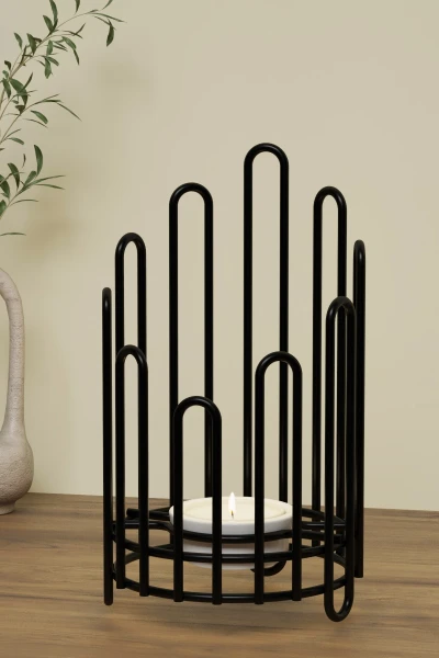 Tealight Seramik Mumluk Şamdanlık Mum Şamdan Metal Siyah Dekoratif Masaüstü Oval Kafes Tasarım