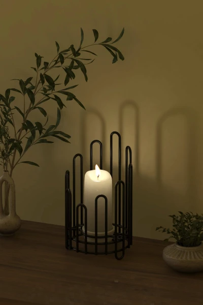 Tealight Seramik Mumluk Şamdanlık Mum Şamdan Metal Siyah Dekoratif Masaüstü Oval Kafes Tasarım