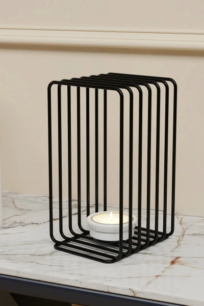 Tealight Şamdanlık Duvar Şamdan Seramik Mumluk Askılı Dikdörtgen Çerçeveli Siyah Metal Dekoratif