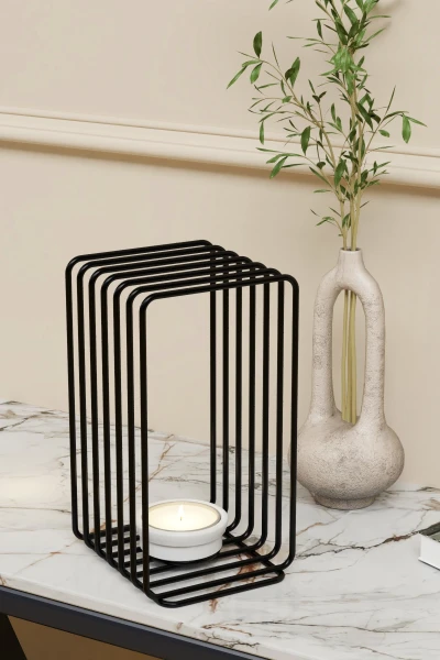 Tealight Şamdanlık Duvar Şamdan Seramik Mumluk Askılı Dikdörtgen Çerçeveli Siyah Metal Dekoratif