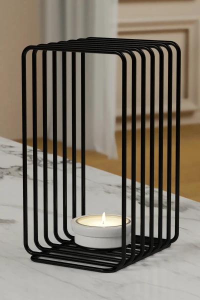Tealight Şamdanlık Duvar Şamdan Seramik Mumluk Askılı Dikdörtgen Çerçeveli Siyah Metal Dekoratif