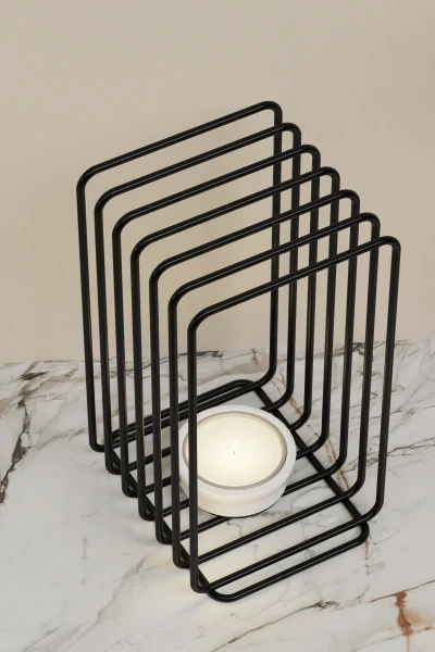 Tealight Şamdanlık Duvar Şamdan Seramik Mumluk Askılı Dikdörtgen Çerçeveli Siyah Metal Dekoratif