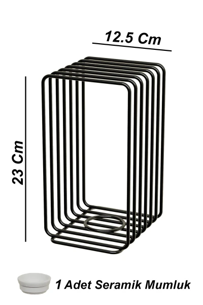 Tealight Şamdanlık Duvar Şamdan Seramik Mumluk Askılı Dikdörtgen Çerçeveli Siyah Metal Dekoratif
