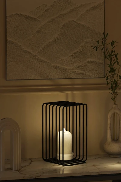 Tealight Şamdanlık Duvar Şamdan Seramik Mumluk Askılı Dikdörtgen Çerçeveli Siyah Metal Dekoratif