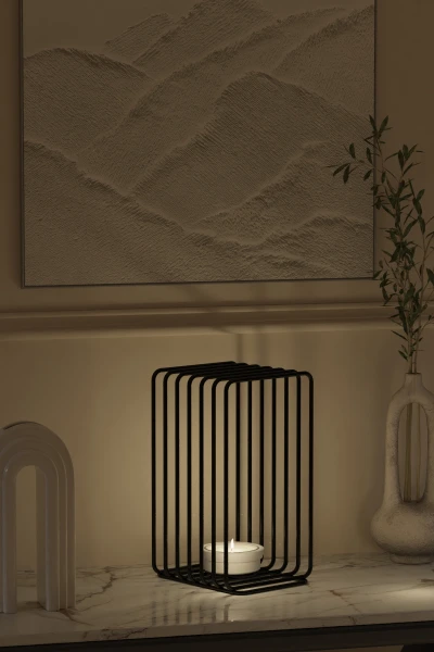 Tealight Şamdanlık Duvar Şamdan Seramik Mumluk Askılı Dikdörtgen Çerçeveli Siyah Metal Dekoratif