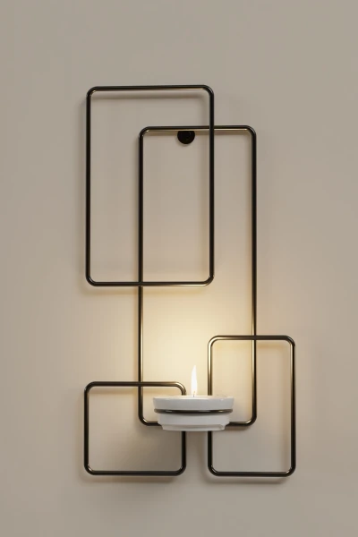 Tealight Şamdanlık Mum Duvar Şamdan Seramik Mumluk Askılı Siyah Metal Dekoratif Kare Çerçeveli Vidalı