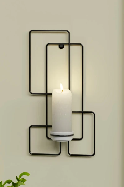 Tealight Şamdanlık Mum Duvar Şamdan Seramik Mumluk Askılı Siyah Metal Dekoratif Kare Çerçeveli Vidalı