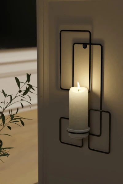 Tealight Şamdanlık Mum Duvar Şamdan Seramik Mumluk Askılı Siyah Metal Dekoratif Kare Çerçeveli Vidalı