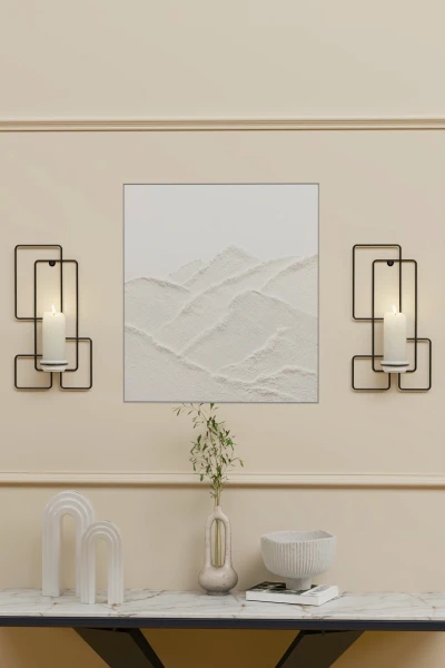 Tealight Şamdanlık Mum Duvar Şamdan Seramik Mumluk Askılı Siyah Metal Dekoratif Kare Çerçeveli Vidalı