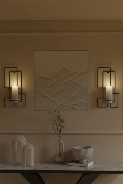 Tealight Şamdanlık Mum Duvar Şamdan Seramik Mumluk Askılı Siyah Metal Dekoratif Kare Çerçeveli Vidalı