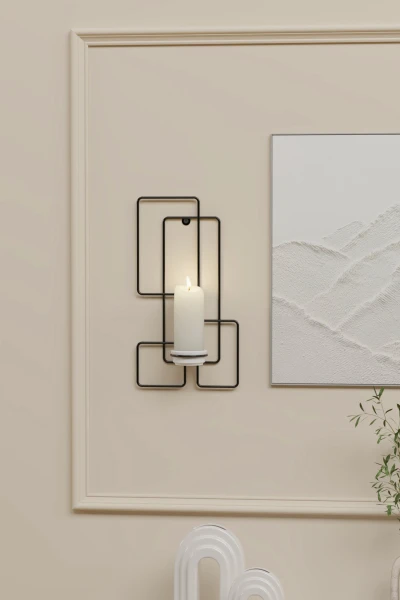Tealight Şamdanlık Mum Duvar Şamdan Seramik Mumluk Askılı Siyah Metal Dekoratif Kare Çerçeveli Vidalı