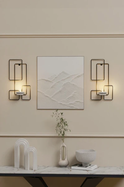 Tealight Şamdanlık Mum Duvar Şamdan Seramik Mumluk Askılı Siyah Metal Dekoratif Kare Çerçeveli Vidalı