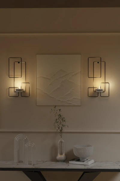 Tealight Şamdanlık Mum Duvar Şamdan Seramik Mumluk Askılı Siyah Metal Dekoratif Kare Çerçeveli Vidalı