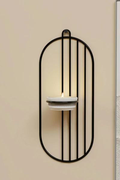 Tealight Seramik Mumluk Metal Şamdan Mum Askılı Siyah Çizgili Dekoratif Duvar Mumluğu Vidalı