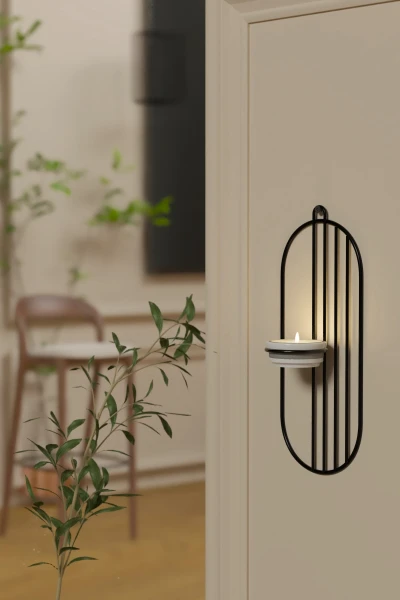 Tealight Seramik Mumluk Metal Şamdan Mum Askılı Siyah Çizgili Dekoratif Duvar Mumluğu Vidalı