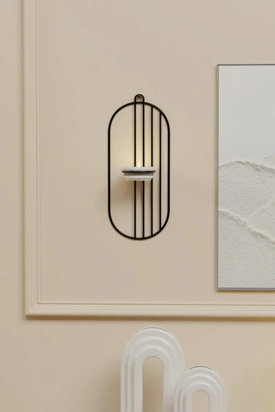 Tealight Seramik Mumluk Metal Şamdan Mum Askılı Siyah Çizgili Dekoratif Duvar Mumluğu Vidalı