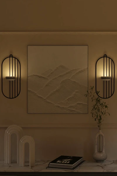 Tealight Seramik Mumluk Metal Şamdan Mum Askılı Siyah Çizgili Dekoratif Duvar Mumluğu Vidalı