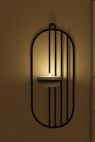 Tealight Seramik Mumluk Metal Şamdan Mum Askılı Siyah Çizgili Dekoratif Duvar Mumluğu Vidalı