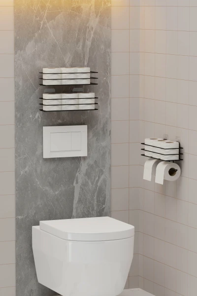 Yapışkanlı Yedekli 3 lü Set Tuvalet Kağıtlığı WC Tuvalet Kağıdı Askısı Ve Tutucu Siyah Metal