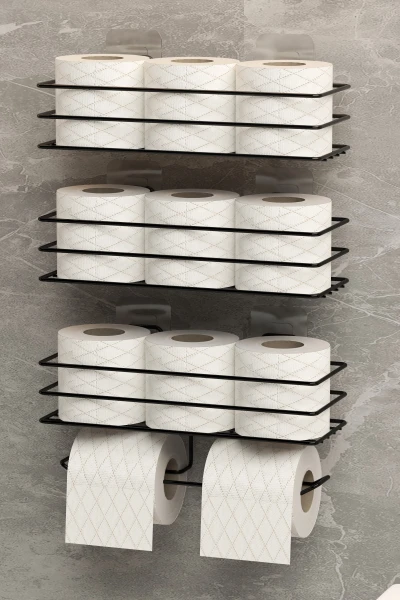 Yapışkanlı Yedekli 3 lü Set Tuvalet Kağıtlığı WC Tuvalet Kağıdı Askısı Ve Tutucu Siyah Metal