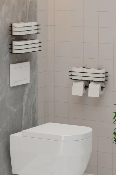 Yapışkanlı Yedekli 3 lü Set Tuvalet Kağıtlığı WC Tuvalet Kağıdı Askısı Ve Tutucu Siyah Metal